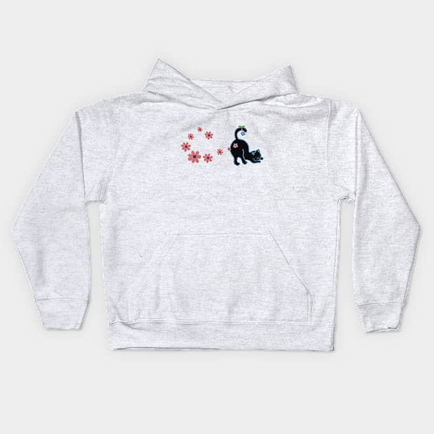 Black cat with pink flowers Kids Hoodie by Tapood